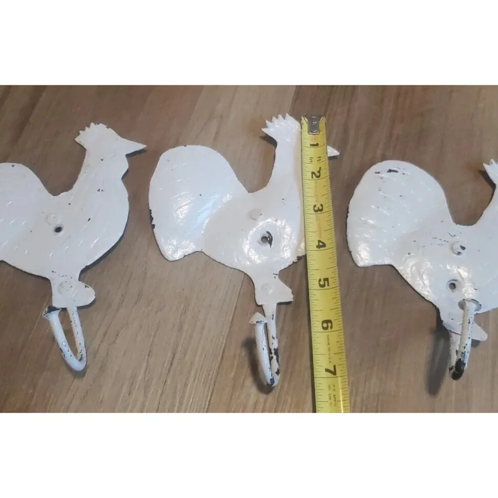 Set of 5 Rooster Chicken Hooks Rustic Distressed White Decor Farmhouse *READ